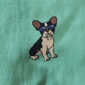 Plugg Green Flat Front Shorts with French Bulldog in Shades